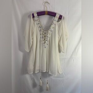ANTHRO Love Sam Ivory 100% Cotton Beaded Boho Flowy Peasant Top Size L